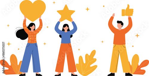 Positive feedback and appreciation concept flat vector illustration with people holding heart, star and like symbols