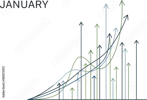 January monthly growth chart illustrating upward trends across multiple colored data series with subtle background numbering indicating a starting point