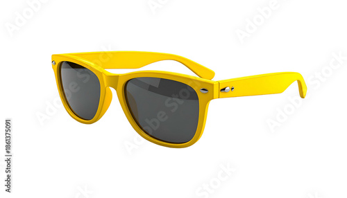 Bright yellow sunglasses, square frames, dark lenses, angled view, isolated on black background