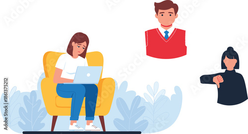 Remote work stress and job rejection concept flat vector illustration with disappointed woman using laptop and negative feedback symbols