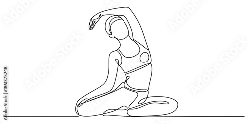 Continuous line drawing of a woman in a side bend yoga pose demonstrating flexibility