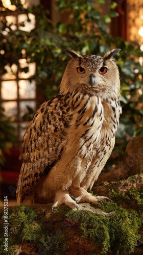 Majestic Eurasian Eagle Owl Perched on Mossy Branch in Forest.