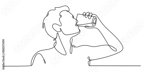 Continuous line art illustration of a person refreshing themselves by drinking from a can