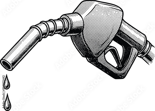 Vintage Gas Pump Nozzle Dripping Fuel Halftone Black and White Illustration