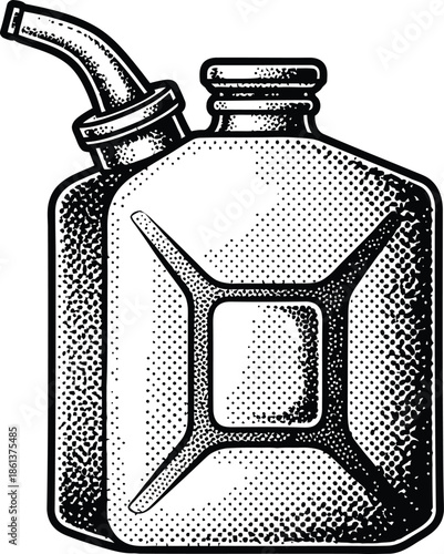 Black and White Vintage Gas Can Illustration with Halftone Shading Retro Style Fuel Jerrycan Vector Graphic