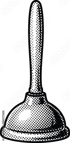 Black and white plunger tool with halftone shading vintage comic book style isolated vector illustration