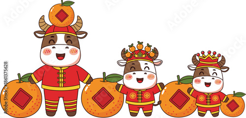 Cute cartoon cow characters wearing traditional red Chinese outfits with mandarin oranges for Lunar New Year celebration isolated on white background vector.
