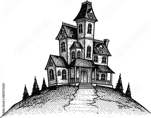 Spooky Old House Woodcut Style Drawing Black and White Vector Graphic