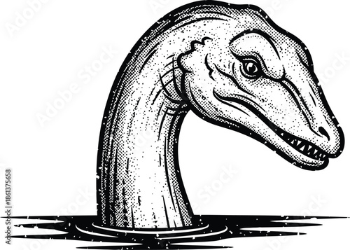 Vintage Engraving Style Loch Ness Monster Head Emerging from Water Black and White Vector Illustration