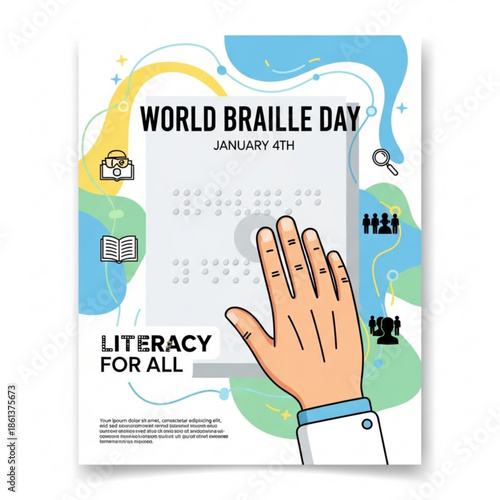World Braille Day poster with hand reading braille promoting literacy for all vector illustration with abstract shapes and icons