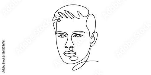 Minimalist continuous line art drawing of a male face in abstract style on white background