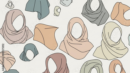 Collection of diverse hijab styles minimalist vector illustrations in pastel colors representing Islamic fashion and modest clothing for modern wo