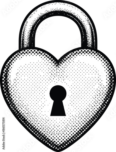 Black and white distressed heart padlock icon vector illustration in vintage engraving style with halftone dots