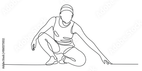 Continuous line drawing of an athlete in a crouched starting position for sport