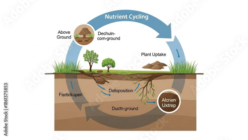 Nutrient cycling diagram showing above ground and below ground processes plant uptake and decomposition for educational use isolated on white
