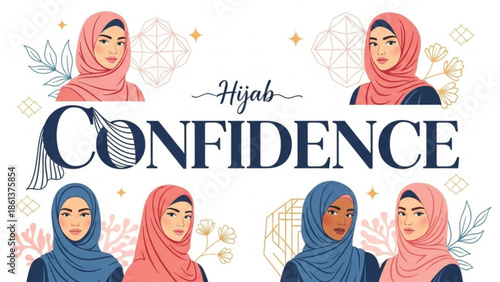 Diverse women wearing hijabs Confidence text with floral elements representing empowerment and modern Islamic fashion