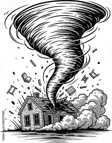 Powerful Tornado Natural Disaster Destroying House Woodcut Style Black and White Vector