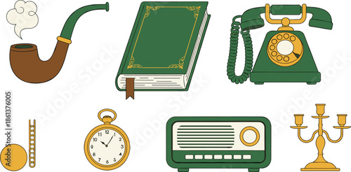 Vintage retro objects flat vector set with classic book, pipe, telephone, radio, pocket watch and antique decor items