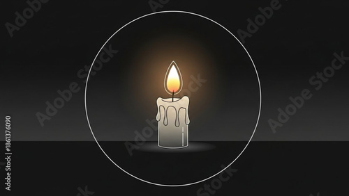 Burning candle with dripping wax isolated in a circle on a dark background representing warmth light and ambiance