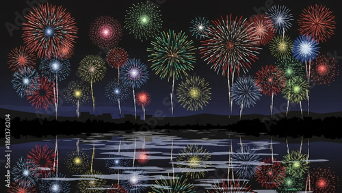 Colorful fireworks exploding in the night sky over a calm lake reflecting the vibrant lights perfect for celebrations and holidays