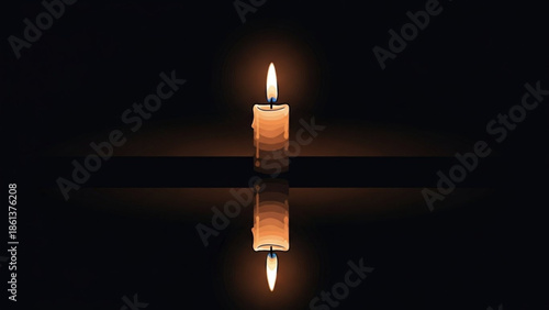 Single lit candle with reflection on dark surface symbolizing hope remembrance and quiet contemplation