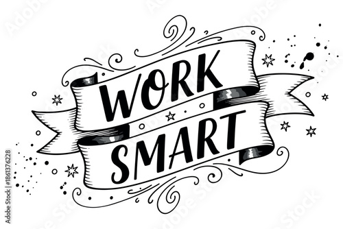 Work smart banner with decorative elements in black and white