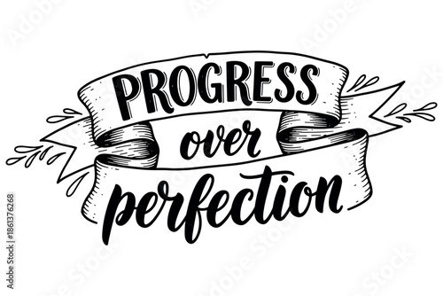 Progress over perfection motivational banner with hand-drawn lettering