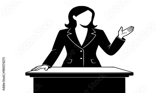 Black Silhouette of Female Speaker or Lecturer at Podium, Woman Giving Speech or Presentation Vector Illustration, Business Conference or Public Speaking Graphic, Professional Woman Silhouette Design