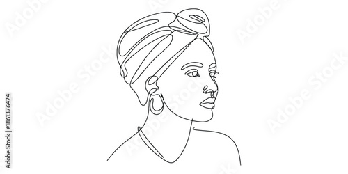 Minimalist one line drawing of black woman with headwrap
