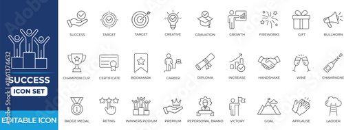 Success line icon set featuring achievement, growth, target, medal, review, satisfaction, victor, and motivation symbols for business, goals, apps and presentations