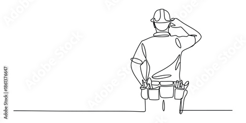 One line drawing of construction worker saluting