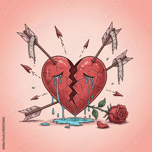 Broken Heart Pierced by Arrows and Rose Symbolizing Heartbreak.