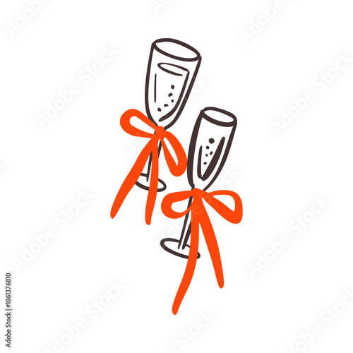 Hand drawn whimsical doodle two prosecco glasses crayon icon. Champagne wineglass with coquettish bow. Flirtatious Valentines day, bachelorette party, girly birthday design element. Cheer illustration
