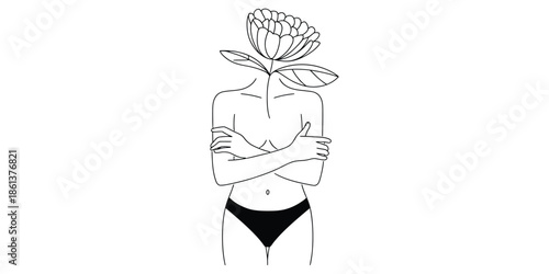 Minimalist line art woman with flower head