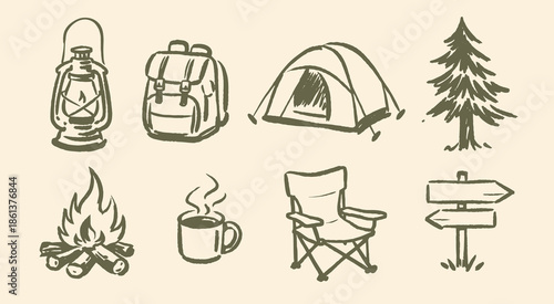 Camping icons set hand drawn doodle vector illustration