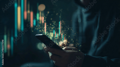 Anonymous individual analyzing stock market data on a smartphone with glowing digital charts and AI insights