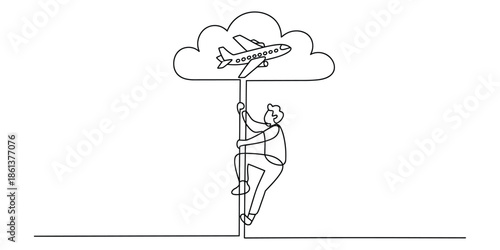 Man climbing pole towards airplane in cloud, concept of travel