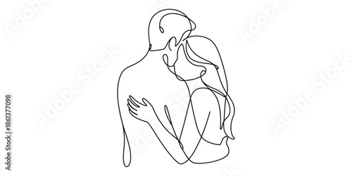 Minimalist one line drawing of couple hugging in love