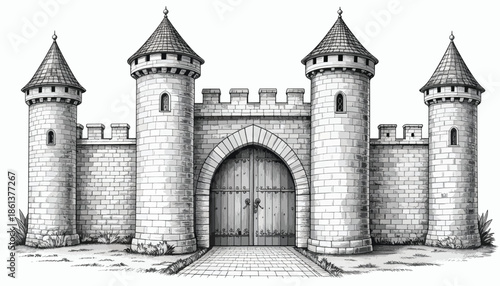 Medieval stone castle gate with towers and fortified walls architectural sketch
