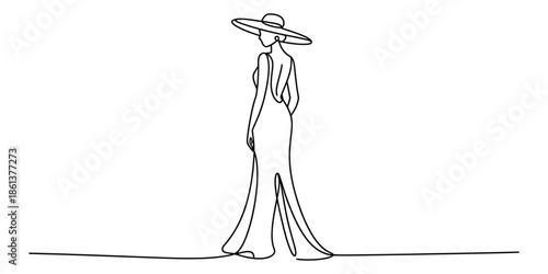 Elegant woman in wide brim hat and long dress line art