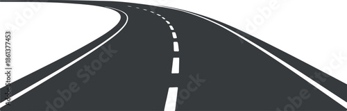 A curving black road with dashed white lane markings against a white background