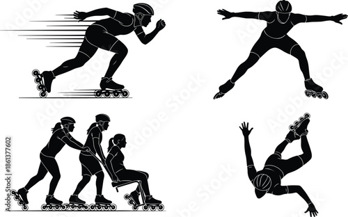 Roller, skating, inline, speed, skater, athlete, set, competition, fitness, outdoor, extreme, sport, vector, illustration, black, silhouette, isolated, on, white, background, exercise, activity, hobby