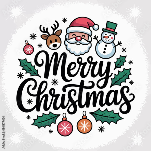 Merry Christmas Celebration with Santa Claus, Reindeer, Snowman, and Ornaments