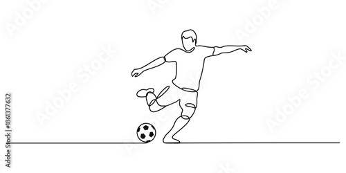 Continuous line art of a soccer player kicking a football on a minimalist white background