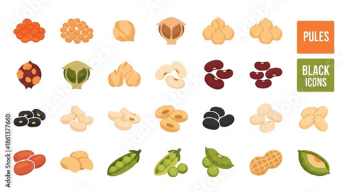 Collection of pulse and legume icons flat vector illustrations for healthy eating and nutrition concepts isolated on white background
