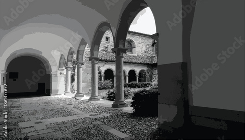 Black and white architectural view of a gothic cloister with arches and shadows