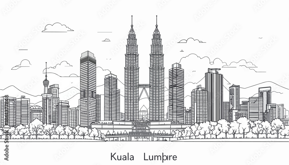 Naklejka premium Line art sketch of the Kuala Lumpur skyline featuring the Petronas Twin Towers