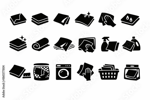 Laundry and cleaning icons: fabric care, washing symbols, detergent, basket, washer