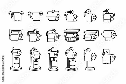 Various toilet paper holder designs in black and white illustrations