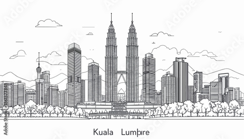 Line art sketch of the Kuala Lumpur skyline featuring the Petronas Twin Towers